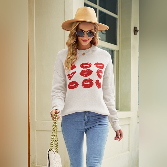 Contrast Lip Pattern Round Neck Slit Sweater--SALE!! SALE!! - Picture 4 of 4